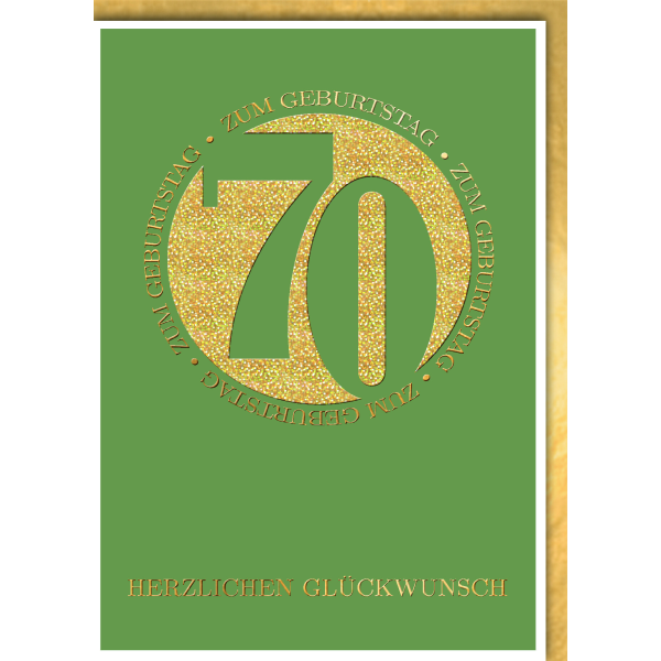 70. Geburtstag Glückwunschkarte mit Umschlag grün Kreis goldende 70 Herzlichen Glückwunsch