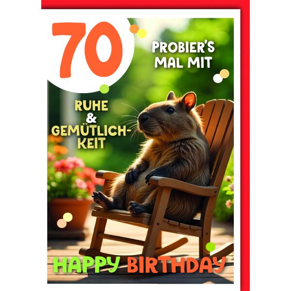 70. Geburtstag Glückwunschkarte mit Umschlag Wombats im Schaukelstuhl Happy Birthday Ruhe & Gemütlichkeit