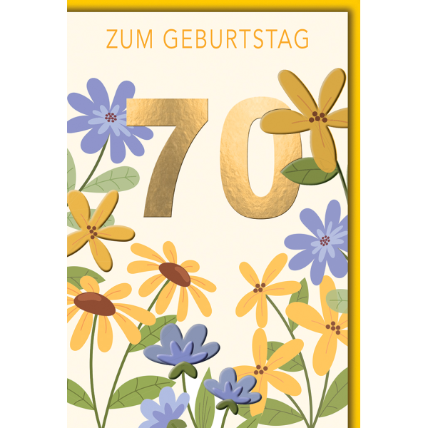 70. Geburtstag Grußkarte mit Umschlag bunte Blumen Retro