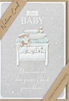 Geburt – Baby – Freudiges Ereignis – Nature Cards – unverpackt - Glückwunschkarte im Format 11,5 x 17,5 cm mit Briefumschlag – Babybett