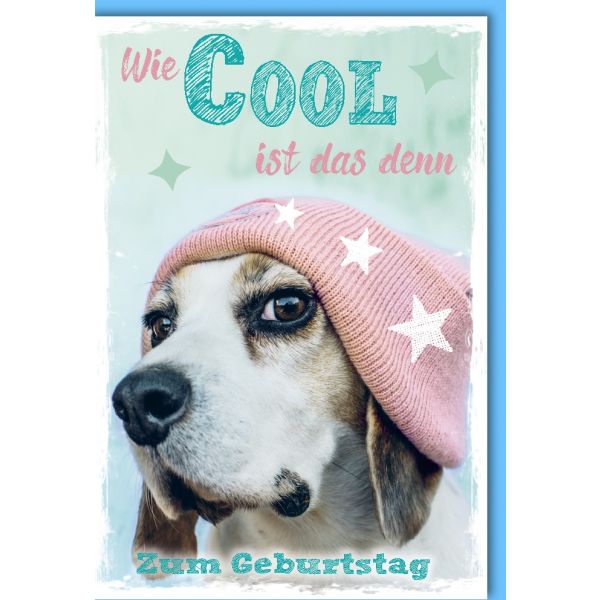 Geburtstag Glückwunschkarte mit Umschlag Hund mit Mütze Wie cool ist das denn