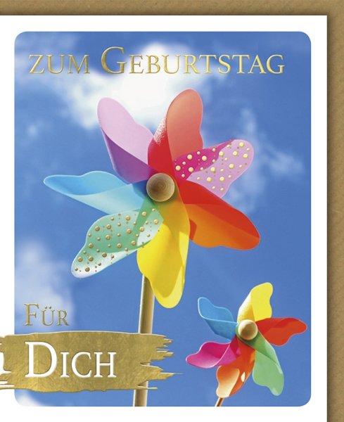 Geburtstag - Glückwunschkarte im Format 11,5 x 13,5 cm mit Umschlag – bunte Windräder - Verlag Dominique