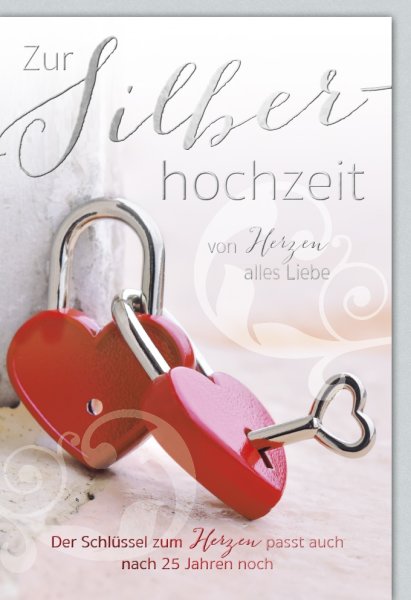 Silberhochzeit - Glückwunschkarte im Format 11,5 x 17 cm mit Umschlag - Herzschlösser mit Schlüssel - Verlag Dominique