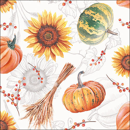 Servietten Lunch – Napkin Lunch – Format: 33 x 33 cm – 3-lagig – 20 Servietten pro Packung - Pumpkins & Sunflowers – Kürbisse und Sonnenblumen