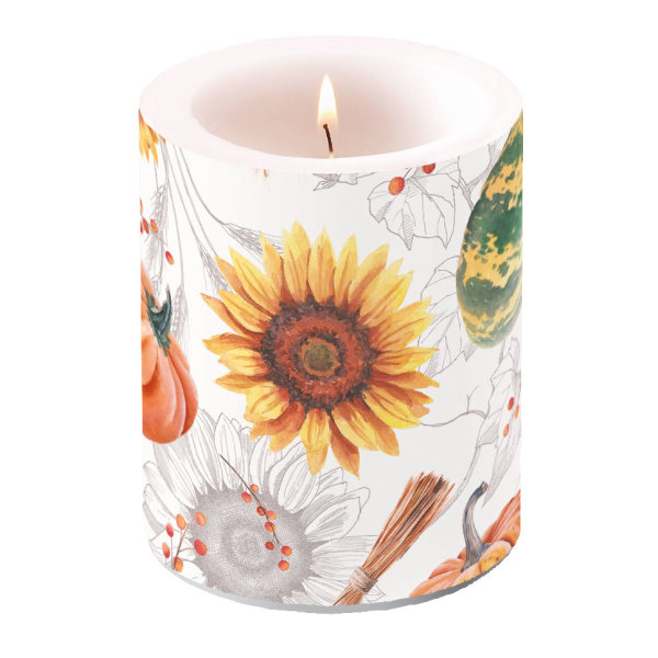 Kerze gross – Candle Big – Format: Ø 12 cm x 10 cm – Brenndauer: 75 Std. - 1 Kerze pro Packung - Pumpkins & Sunflowers – Kürbisse & Sonnenblumen