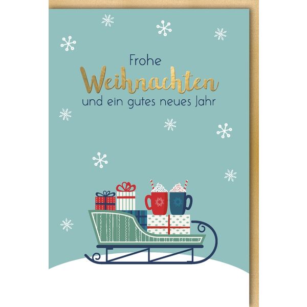 Weihnachtskarte mit Umschlag Schlitten mit Geschenken und Tassen
