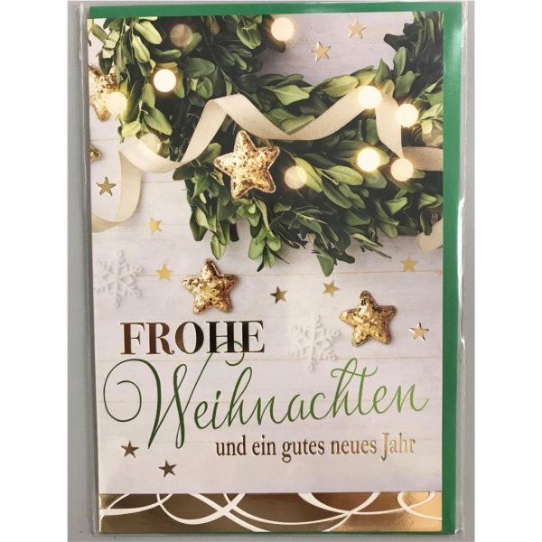 Weihnachten - Glückwunschkarte im Format 11,5 x 17 cm mit Umschlag - grüner Kranz mit Sternen - Verlag Dominique