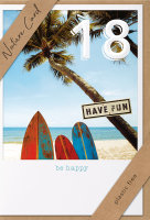 Zahlengeburtstag – 18. Geburtstag – Nature Cards – unverpackt - Glückwunschkarte im Format 11,5 x 17,5 cm mit Briefumschlag - Surfbretter am Strand