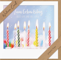Geburtstag – Nature Cards – unverpackt - Glückwunschkarte im Format 15,5 x 15,5 cm mit Briefumschlag - brennende Kerzen auf Kuchen