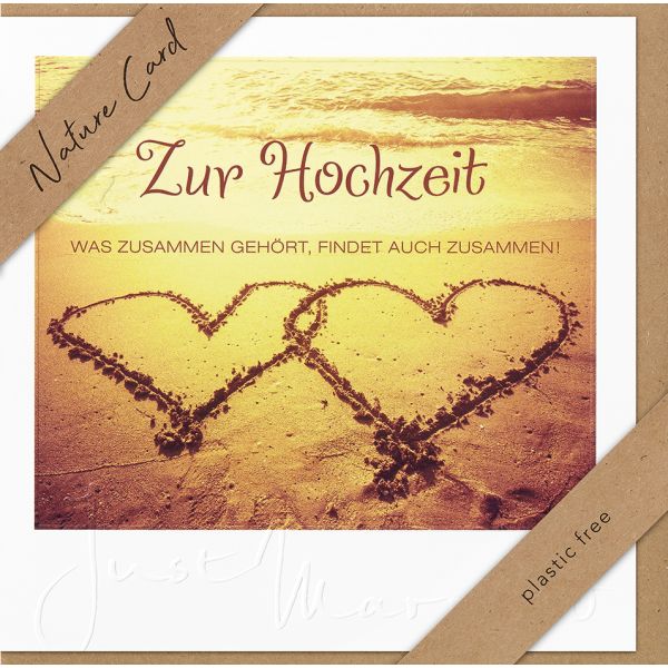 Hochzeit – Nature Cards – unverpackt - Glückwunschkarte im Format 15,5 x 15,5 cm mit Briefumschlag - zwei Herzen im Sand