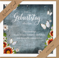 Geburtstag – Nature Cards – unverpackt – Glückwunschkarte im Format 15,5 x 15,5 cm mit Briefumschlag - Blumen um Tafel