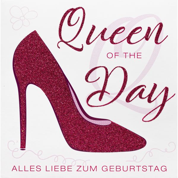 A Geburtstag Bling Bling quadratische Glückwunschkarte mit Umschlag Queen of the Day Schuh High Heel