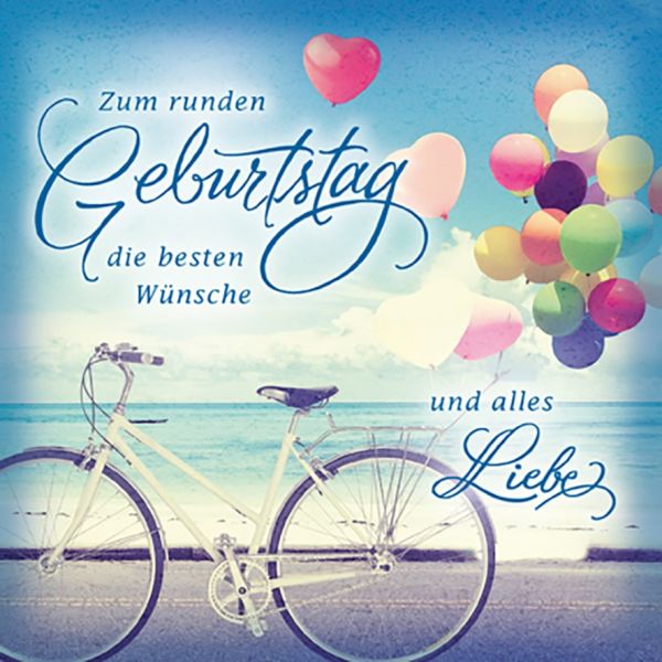 Geburtstag quadratische Glückwunschkarte mit Umschlag Romantica Zum runden Geburtstag die besten Wünsche und alles Liebe Fahrrad und Luftballons am Meer