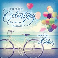 Geburtstag quadratische Glückwunschkarte mit Umschlag Romantica Zum runden Geburtstag die besten Wünsche und alles Liebe Fahrrad und Luftballons am Meer