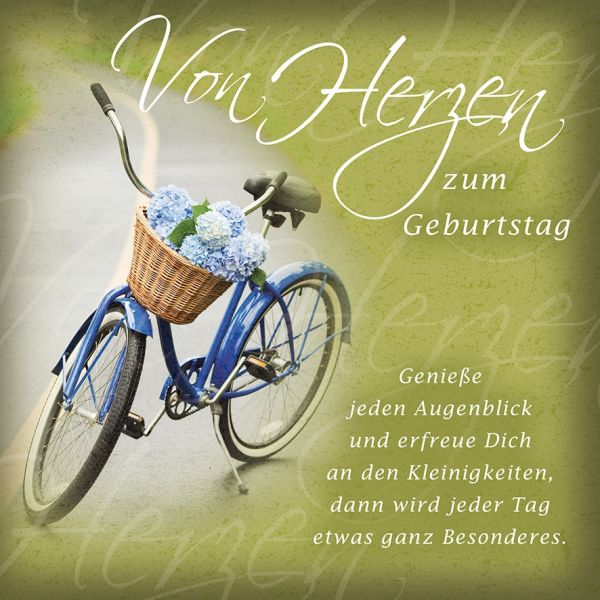 Geburtstag quadratische Glückwunschkarte mit Umschlag Romantica Von Herzen zum Geburtstag Fahrrad mit Blumen Spruch
