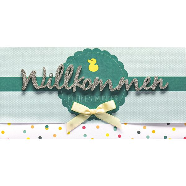 Geburt Baby Freudiges Ereignis Lettering Geldkarte Gutscheinkarte mit Umschlag Willkommen kleines Wunder bunt Schleife Ente
