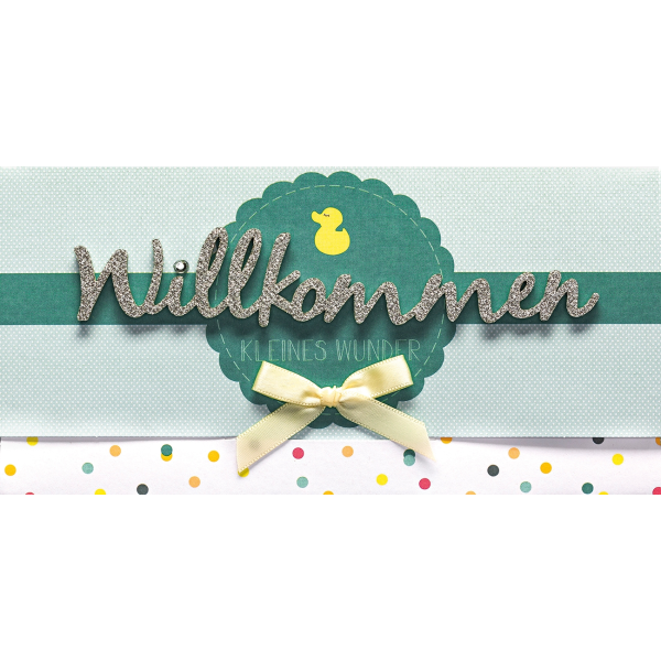 Geburt Baby Freudiges Ereignis Lettering Geldkarte Gutscheinkarte mit Umschlag Willkommen kleines Wunder bunt Schleife Ente