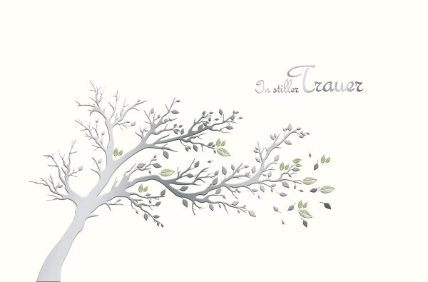 Trauer - Beileid - Kondolenz - Trauerkarte im Format 11,5 x 17 cm mit Umschlag Skorpions Art - Baum, Blätter - mit Silberfolie