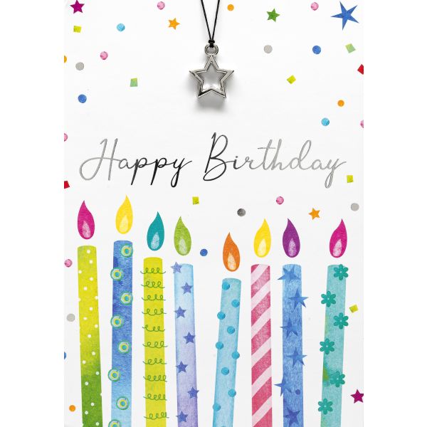 Geburtstag Glückwunschkarte mit Umschlag und Glücksarmband Little Things bunte Kerzen Happy Birthday Sternanhänger