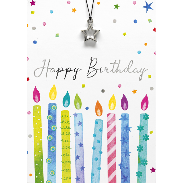 Geburtstag Glückwunschkarte mit Umschlag und Glücksarmband Little Things bunte Kerzen Happy Birthday Sternanhänger