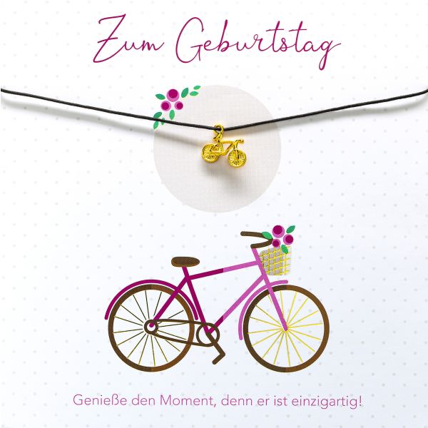 Geburtstag quadratische Glückwunschkarte mit Umschlag und Glücksarmband Little Things Zum Geburtstag Fahrradanhänger