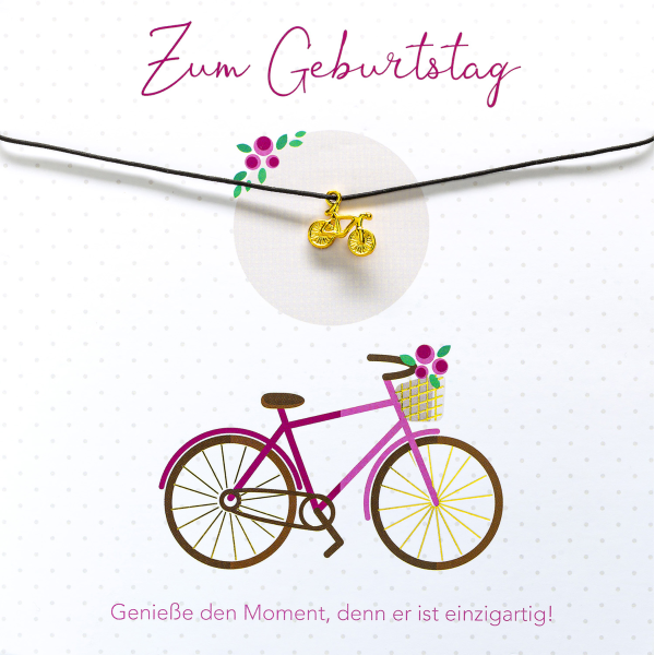 Geburtstag quadratische Glückwunschkarte mit Umschlag und Glücksarmband Little Things Zum Geburtstag Fahrradanhänger