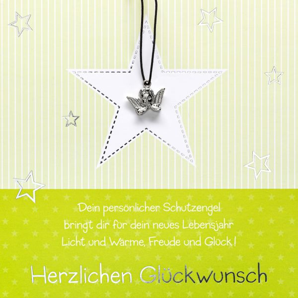Geburtstag quadratische Glückwunschkarte mit Umschlag und Glücksarmband Little Things Herzlichen Glückwunsch Schutzengelanhänger und Spruch