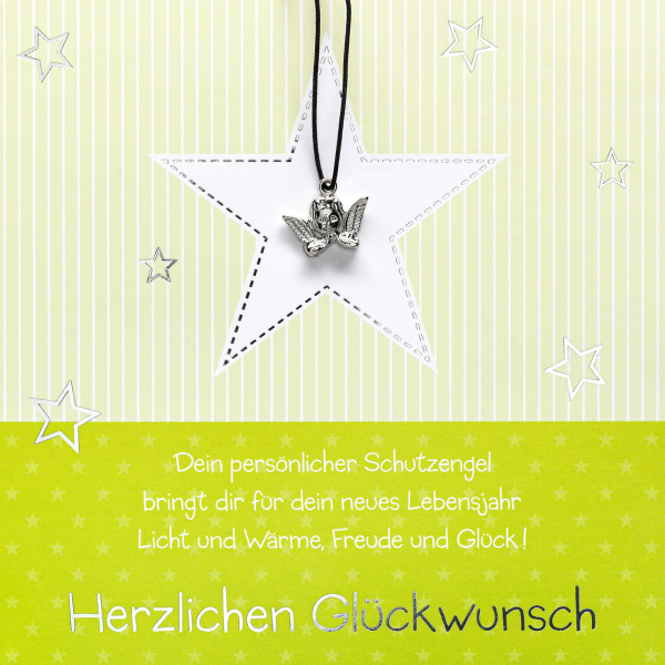 Geburtstag quadratische Glückwunschkarte mit Umschlag und Glücksarmband Little Things Herzlichen Glückwunsch Schutzengelanhänger und Spruch