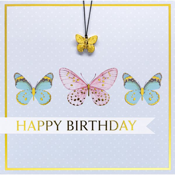 Geburtstag quadratische Glückwunschkarte mit Umschlag und Glücksarmband Little Things Happy Birthday Schmetterlinge Schmetterlinganhänger