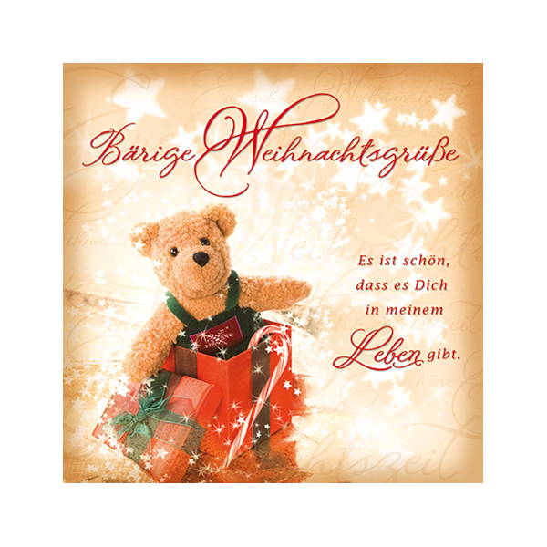 Weihnachten Romantica quadratische Glückwunschkarte mit Umschlag Teddybär mit Geschenken