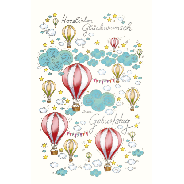 Geburtstag Glückwunschkarte mit Umschlag Wolken, Heißluftballons, Wimpelkette mit Silberfolie