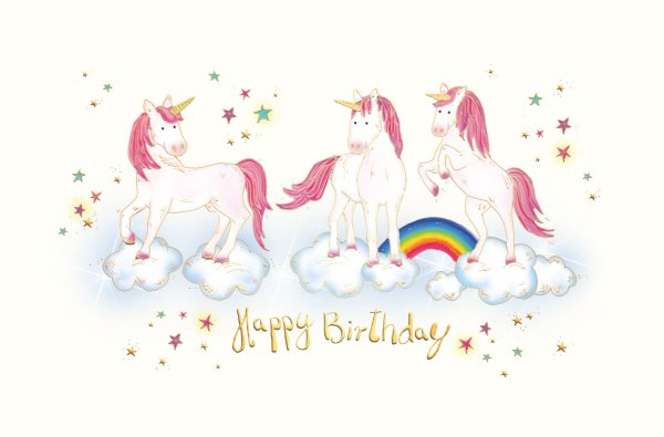 Geburtstag Skorpions Art - Glückwunschkarte im Format 11,5 x 17 cm mit Umschlag - Einhörner auf Wolke - Regenbogen und bunte Sterne - mit Goldfolie
