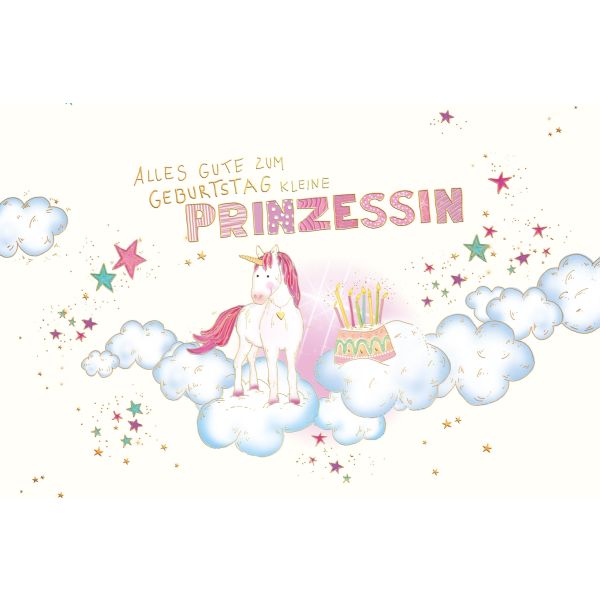 Geburtstag Glückwunschkarte mit Umschlag Einhorn auf Wolke mit Geburtstagstorte mit Goldfolie