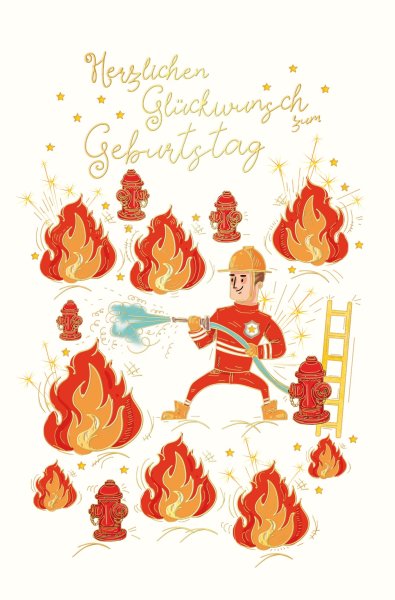 Geburtstag - Glückwunschkarte im Format 11,5 x 17 cm mit Umschlag - Feuer, Hydranten, Feuerwehrmann - mit Goldfolie