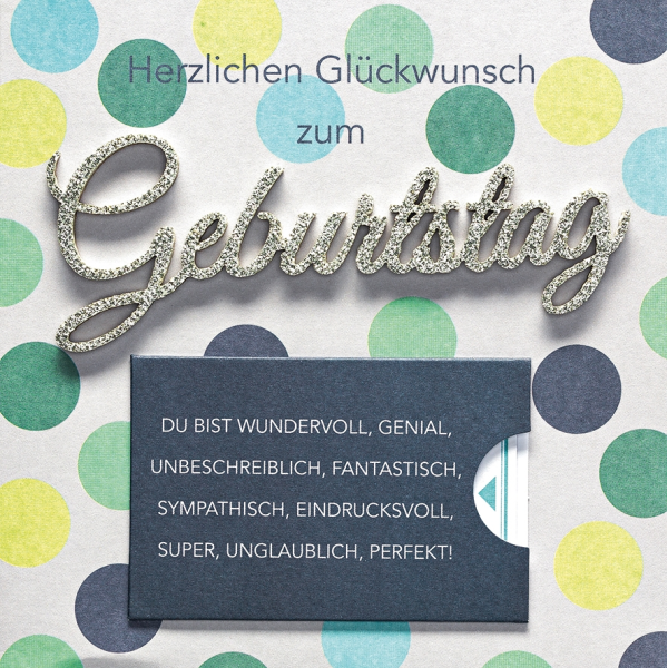 Geburtstag quadratische Glückwunschkarte mit Umschlag und Minikuvert Lettering Surprise Herzlichen Glückwunsch zum Geburtstag bunte Punkte Wünsche