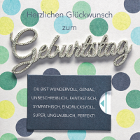 Geburtstag quadratische Glückwunschkarte mit Umschlag und Minikuvert Lettering Surprise Herzlichen Glückwunsch zum Geburtstag bunte Punkte Wünsche