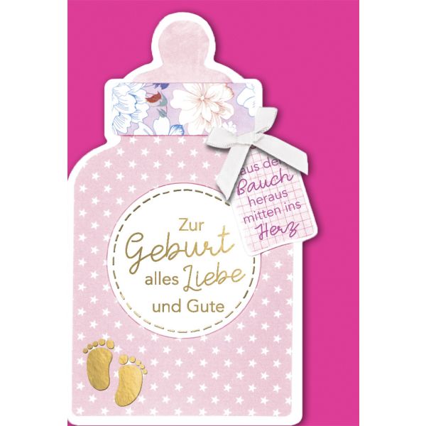 Geburt Baby Freudiges Ereignis Karte mit Umschlag "Babyflasche rosa mit Schleife weiss"