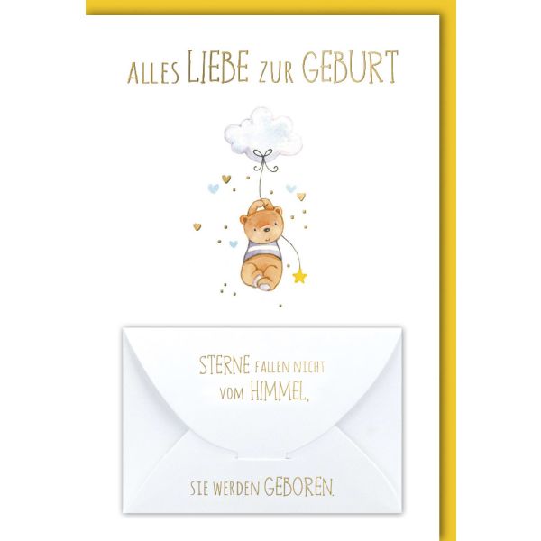 Geburt Baby Freudiges Ereignis Geldkarte Karte mit Umschlag Bärchen mit Wolke