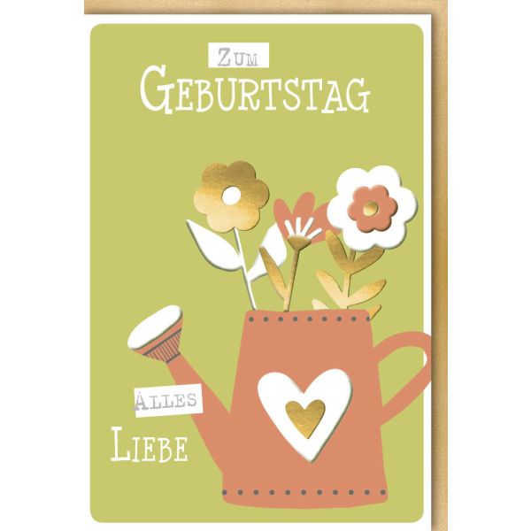 Geburtstag Glückwunschkarte mit Umschlag Gießkanne mit Herz und drei Blumen