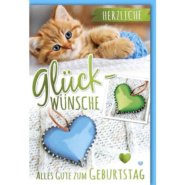 Geburtstag Glückwunschkarte mit Umschlag Kätzchen mit blauer Wolle