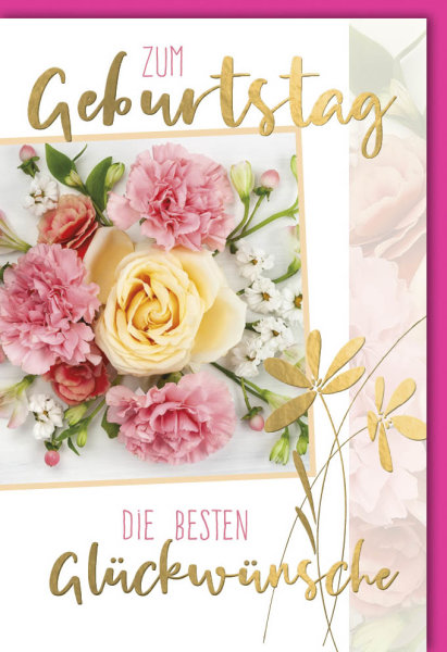 Geburtstag - Glückwunschkarte im Format 11,5 x 17 cm mit Umschlag - Drei rosa Nelken Rose gelb - Verlag Dominique