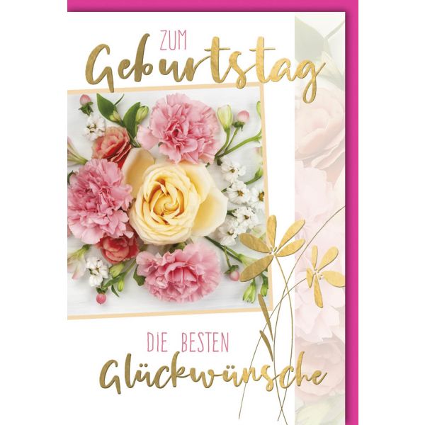Geburtstag Glückwunschkarte mit Umschlag Drei rosa Nelken Rose gelb