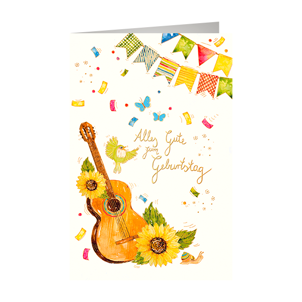 Geburtstag Skorpions Art - Glückwunschkarte im Format 11,5 x 17 cm mit Umschlag - Gitarre, Vogel, Girlande, Sonnenblumen - mit Goldfolie