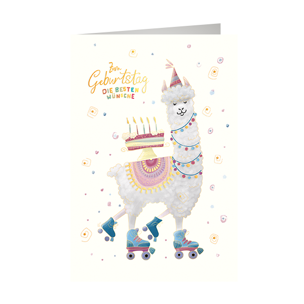 Geburtstag Skorpions Art - Glückwunschkarte im Format 11,5 x 17 cm mit Umschlag - Lama auf Rollschuhen - mit Goldfolie