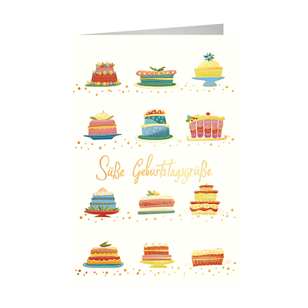 Geburtstag - Glückwunschkarte im Format 11,5 x 17 cm mit Umschlag - Torten - mit Goldfolie