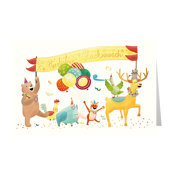 Geburtstag - Glückwunschkarte im Format 11,5 x 17 cm mit Umschlag - Tiere halten Banner und Luftballons - mit Goldfolie