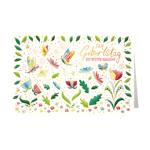 Geburtstag Skorpions Art - Glückwunschkarte im Format 11,5 x 17 cm mit Umschlag - Blumen, Schmetterlinge, Blätter - mit Goldfolie