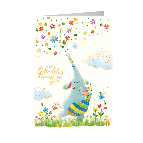 Geburtstag Skorpions Art - Glückwunschkarte im Format 11,5 x 17 cm mit Umschlag - Elefant, Blumen - mit Goldfolie