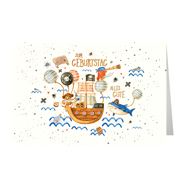 Geburtstag Skorpions Art - Glückwunschkarte im Format 11,5 x 17 cm mit Umschlag - Piratenschiff - mit Goldfolie