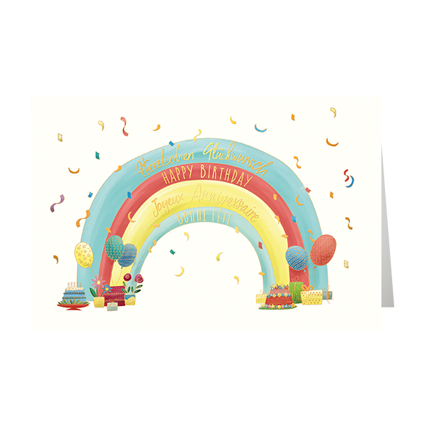 Geburtstag - Glückwunschkarte im Format 11,5 x 17 cm mit Umschlag - Regenbogen, Luftballons, Geburtstagstorten, Blumen, Geschenke - mit Goldfolie